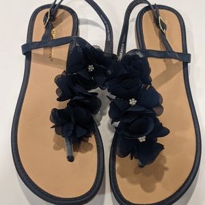 Navy Flowered Sandals, Size 10
